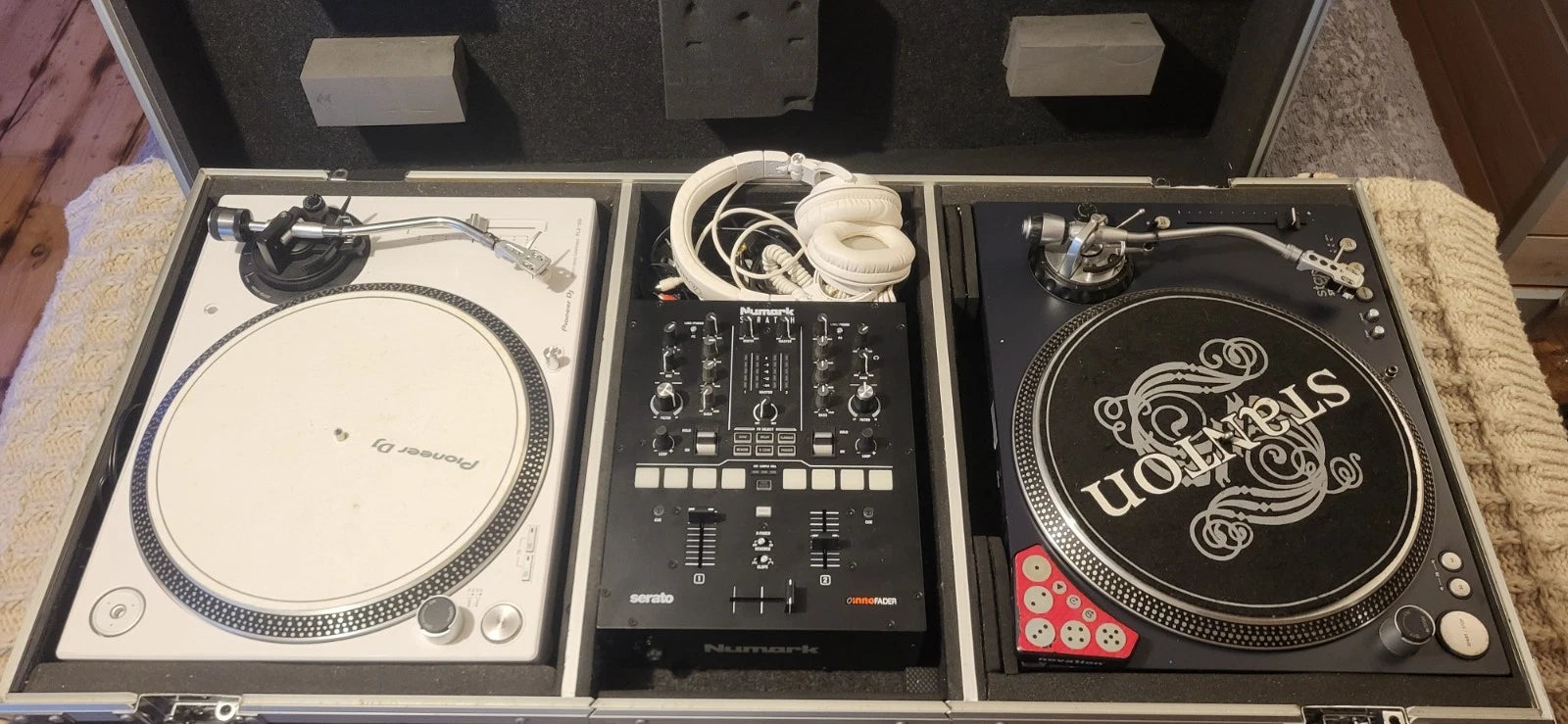 Oldskool DJ Setup Turntables Mixer Headphones And Road Ready Coffin