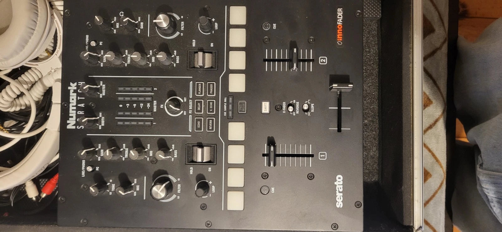 Oldskool DJ Setup Turntables Mixer Headphones And Road Ready Coffin